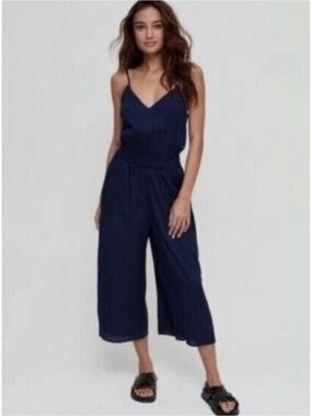Wilfred Navy V‑Neck Wide‑Leg Jumpsuit